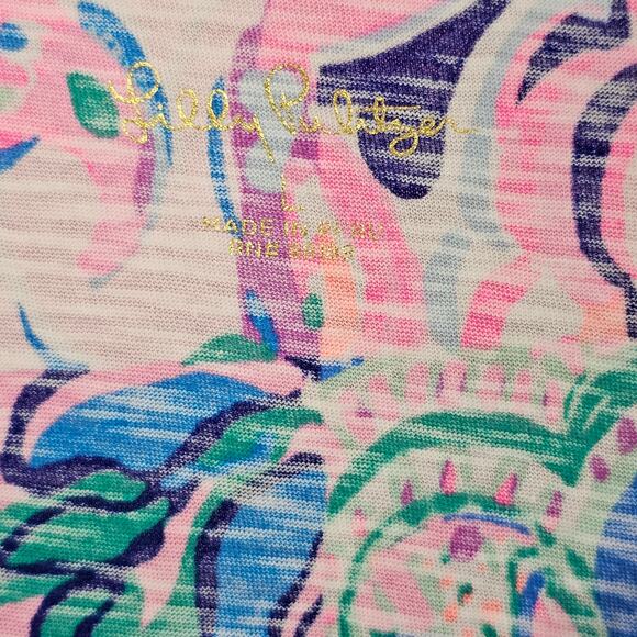Top Lilly Pulitzer v neck short sleeve high lo multi color patchwork print Large - Picture 5 of 5